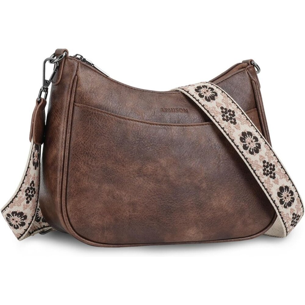 〽️Womens Coffee Leather Lightweight Zipper Pocket Adjustable Strap Crossbody Bag